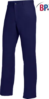 A pair of dark blue work pants is shown against a white background.