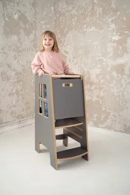 Produktbild von tupti.wood Lernturm, grau, extra sicher, Montessori, 3-stufig, B 40 cm H 90 cm L 55 cm, bis 60 kg