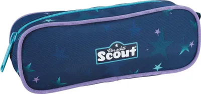 A blue pencil case with a star pattern and the "Scout" logo.