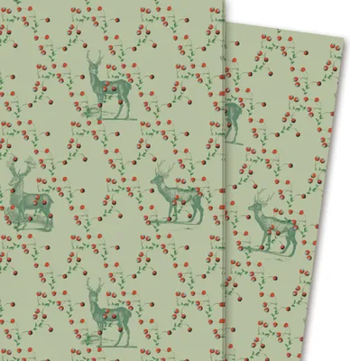 Produktbild von Elegantes Hirsch Geschenkpapier Beerenwild, grün - G4241, 32 x 48cm