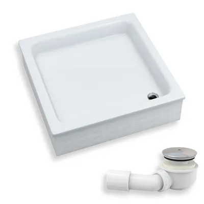 Produktbild von Brodzik Prysznicowy Kwadratowy 80x80x26 Akrylowy, Gładki | w zestawie - Syfon, odpływ ⌀50 mm, podbudowa styropianowa | BADLAND GRAWELLO