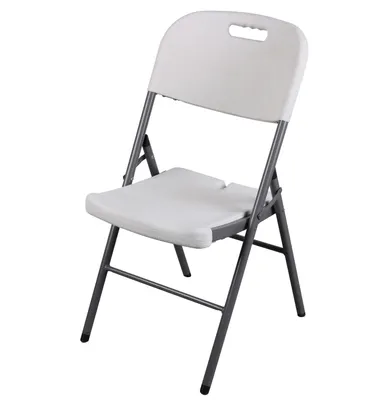 A white folding chair with a gray metal frame is shown against a white background.