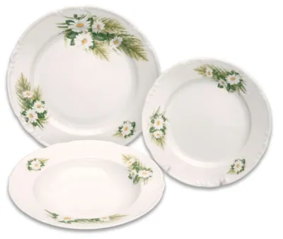 Three white plates with a floral daisy and green leaf pattern arranged on a white background.