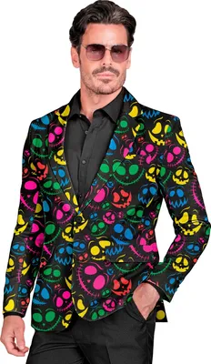 Produktbild von Geister Jackett Herren Gr. S -XXL - schwarz mit neonfarbenen Gespenstern - Halloween Verkleidung L - 52/54
