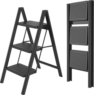 Produktbild von JOIEYOU Trittleiter 3 Stufen Klappbar Leiter Klappleiter Treppenleiter Klapptritt Haushaltsleiter Tritthocker mit Breitem Trittbrett 30x20 cm bis 270 kg Belastbar, Schwarz