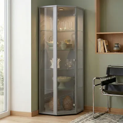 Image de Vitrine d'angle K-Mšbel en aluminium / argent (176 x 56,5 x 56,5 cm) avec 4 étagères en verre et éclairage LED - Vitrine pour voitures miniatures argentée - Vitrine en aluminium - Vitrine de collection - Meuble de salon, vitrine en verre, étagère, meuble en verre