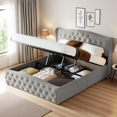 Obrázek produktu pro Postel Fortuna Lai s pružinovým roštem 160x200 cm, dvoulůžko s roštem a podnoží - hydraulická funkční postel s výškově nastavitelným čelem, sametová