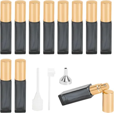 Imagen del producto de Mini atomizadores de perfume de 10 ml, paquete de 10 unidades, transparentes con tapa negra y dorada, ideales para viajes