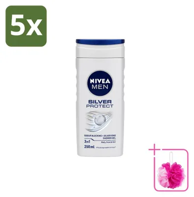 Obrázok produktu pre 5 kusov gélu na sprchovanie Nivea Men Silver Protect 3 v 1 – 250 ml – výhodná balenka