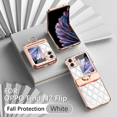 Immagine prodotto di Oppo Find N2 Custodia in pelle flip con supporto ad anello, custodia protettiva lucida con protezione a cerniera, bianco