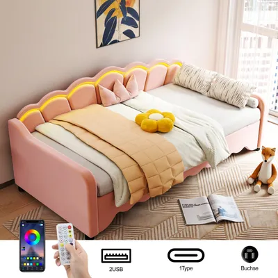 Produktbild von OYAJIA Daybett Polsterbett 90x190cm mit Ausziehbett 180x190cm Samt Polsterbett Schlafsofa Kinderbett Tagesbett mit LED-Beleuchtung