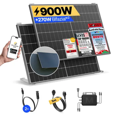 Produktbild von Balkonkraftwerk 900W Solaranlage mit Wand/Gartenhaus Halterung Steckerfertig Komplettset Photovoltaik Anlage 800W, Kabellänge: 5m, Solakon - onLite