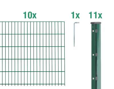 Image de Alberts 678999 Clôture en treillis à double fils, set complet de 27 pièces, revêtement plastique, vert, hauteur 163 cm, longueur 25 m