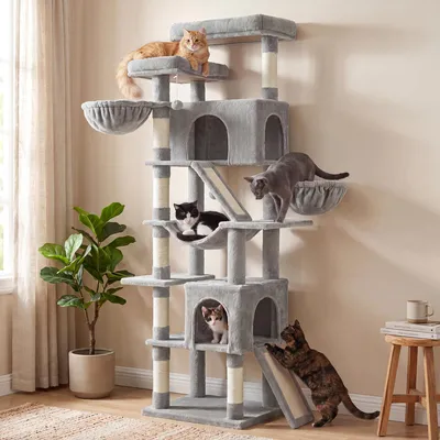 Produktbild von FEANDREA Kratzbaum XXL für Große Katzen mit 7 Ruhezonen und Sisal 55 x 45 x 205 cm Hellgrau