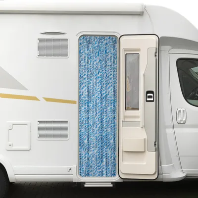 Immagine prodotto di Tenda in ciniglia Moritz 56 x 185 cm a strisce blu, grigie e bianche come zanzariera per il campeggio e la roulotte