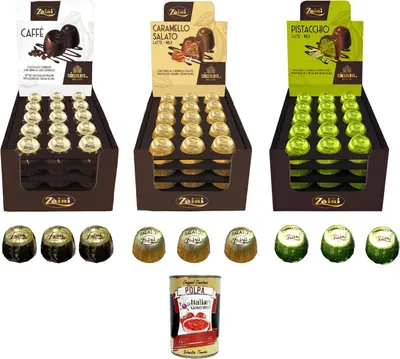 Produktbild von Testpaket ZAINI Dunkle Schokoladenpralinen mit Espresso-Kaffeecreme,Sahne und Pistazienbröseln,Milchschokolade mit gesalzener Karamellcreme+ Italian gourmet polpa 400g
