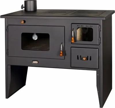 A black wood-burning stove with an oven and stovetop.