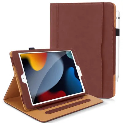 Obrázok produktu pre Ochranné puzdro pre iPad 9./8./7. generácie, 10,2 palca, hnedé, vyrobené zPolyuretánkože, s podstavcom a funkciou automatického uspávania/prebúdzania