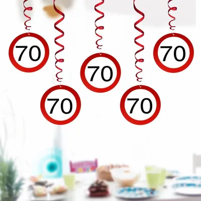 Immagine prodotto di Ghirlande per il 70° compleanno, segnaletica stradale, colore rosso e bianco, cartoncino, 1 metro, confezione da 5 pezzi