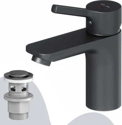 A black faucet and a pop-up drain assembly are shown against a white background.