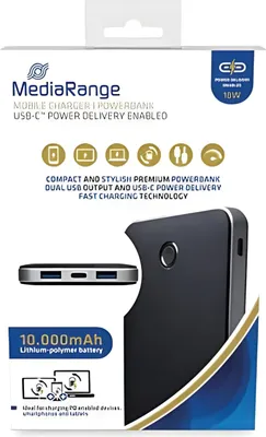 Zdjęcie produktu dla MediaRange MR753, 10000 mAh, Litowo-polimerowy (LiPo), 3,7 V, 18 W, Czarny