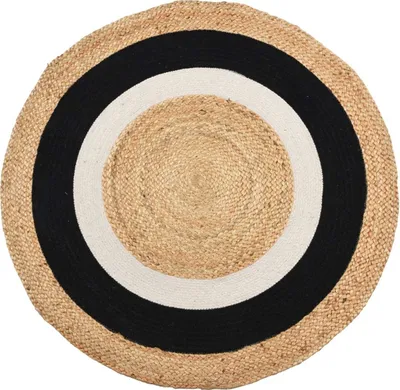 Zdjęcie produktu dla H&S Decoration dywanik okrągły boho czarny biały beżowy bawełna juta 120x120x0,5 cm