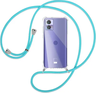 Produktbild von Handykette Backcover-Schutzhülle mit Band (Metall silberfarben) für Motorola Edge 30 Neo (Edge 30 Lite) - türkis