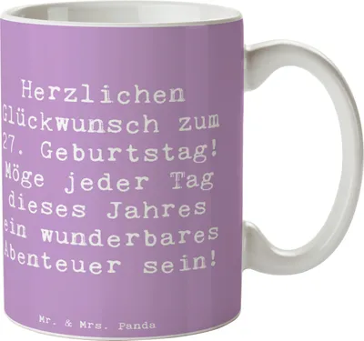 Produktbild von Mr. & Mrs. Panda Kaffeetasse Spruch 27. Geburtstag Abenteuer - Lavendeltraum - Geschenk, herzlicher Glückwunsch, Teetasse, Becher, liebevolle Geschenke, bedruckt, Tasse