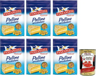 Produktbild von 6x Paneangeli Palline Arcobaleno,Mehrfarbiges Konfetti in runder Form, ideal zum Dekorieren von Desserts,Wiederverschließbare 60g-Packung + Italian Gourmet Polpa di Pomodoro 400g Dose