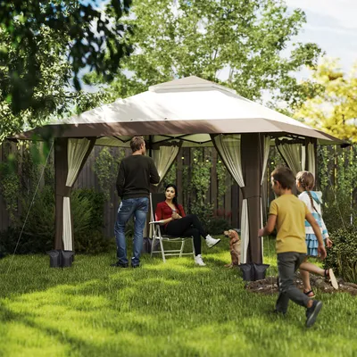 Image de Tente pliante pop-up 4 x 4 m – imperméable, hauteur réglable, parois en filet et protection UV 50+, sac de transport et sacs de sable inclus, pour le camping et les festivals, beige