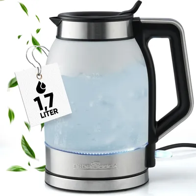 A glass electric kettle filled with water, with a tag indicating its capacity and green leaves floating around it.