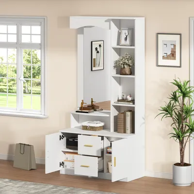 Obrázek produktu pro MODFU Předsíňová kuchyňská skříň s 2 dvířky a 2 zásuvkami, šatní skříň se skříní na boty a zrcadlem, úložná skříň s policí, bílá