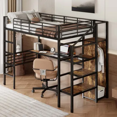Image de AIORBER Lit surélevé, 90x200 cm, avec échelle de rangement, beaucoup d'espace de rangement, cadre en fer, robuste, armoire ouverte, lits superposés, noir
