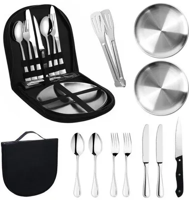 Produktbild von Unyqoos® 12-teiliges Outdoor-Besteckset für 2 Personen – Edelstahl, spülmaschinenfest, mit Tragetasche für Camping & Picknick