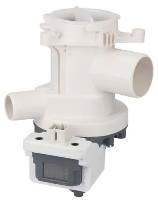 A white and gray washing machine drain pump with a filter and electrical connector, isolated on a white background.