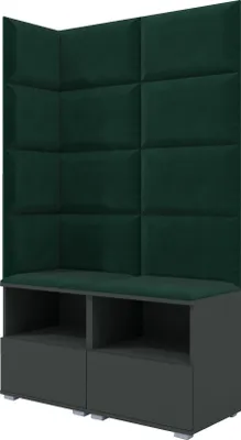 Produktbild von Garderoben-Set Nela V, Polstergarderobe mit zwei Schuhschränke, Flurmöbel mit Wandpaneele (Farbe: Graphit + Trinity 28 (Flaschengrün))
