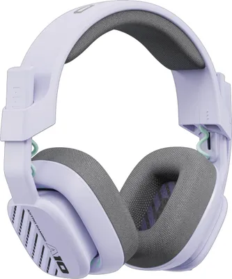 A studio shot of a pair of purple and gray gaming headphones.