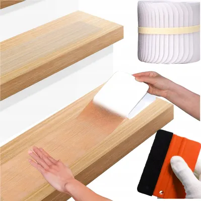 A collage showing anti-slip film being applied to wooden stairs, a roll of the film, and a squeegee tool.