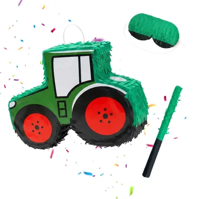 Immagine prodotto di Set piñata a forma di trattore con bastone e maschera, verde scuro