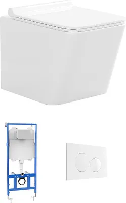 Produktbild von Sparset - Weißes Wand-WC mit Trägergestell & Runder, weißer Betätigungsplatte - CLEMONA