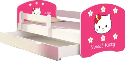 A child's bed with a Hello Kitty theme, featuring a pull-out drawer.