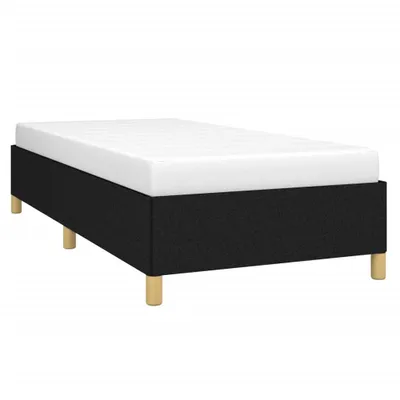 A black upholstered bed frame with a white mattress on top, supported by four wooden legs, presented against a white background.