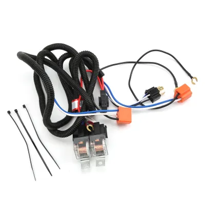 A product shot of a wiring harness for headlights, laid out on a white background.