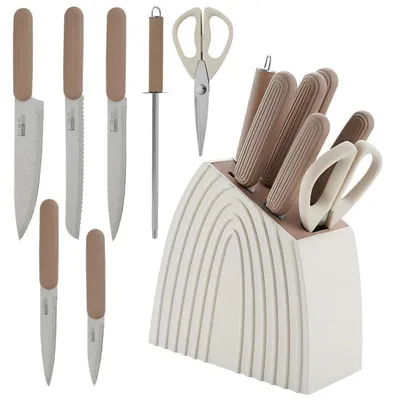 Immagine prodotto di Set di coltelli da cucina, 8 pezzi, con base porta coltelli e affilacoltelli, in acciaio inossidabile, color beige