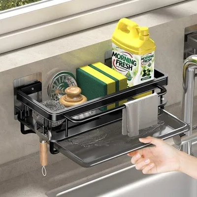 Produktbild von Ibenzoa® Edelstahl-Spülbecken-Organizer mit abnehmbarer Abtropfschale, Schwamm- & Bürstenhalter, rutschfest – Schwarz