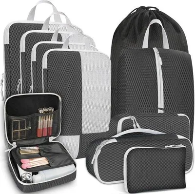 Produktbild von Ibenzoa® Packwürfel-Reise-Set, 10-teilig – kompakte Organizer zum Komprimieren von Kleidung & Platzsparen im Koffer, Schwarz