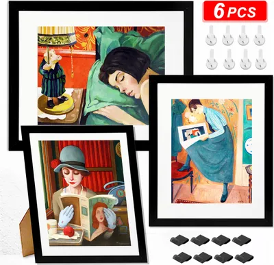 A collage of framed pictures and accessories, likely for home decor.