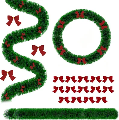 Image de ROSEJANE Guirlande de Noël artificielle, 8 mètres, verte avec 24 nœuds rouges. Guirlande de sapin pour Noël, idéale pour les fenêtres, les portes et les escaliers
