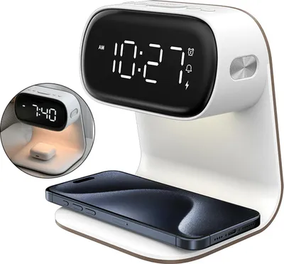 Produktbild von Digitaler Wecker mit kabelloser Schnellladebasis; 15-W-Touch-Smart-Nachttischlampe mit 3 Farblichteinstellungen, geeignet für Wohnzimmer und Nachttisc