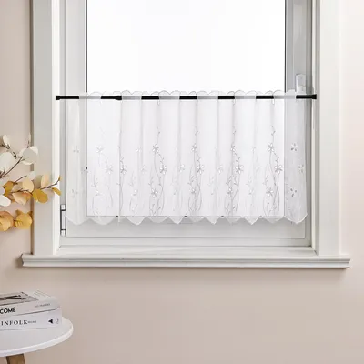 Produktbild von Joyswahl Scheibengardine mit Blumenstickerei Transparente Bistrogardine mit Tunnelzug Kurzgardine für Küche Wohnzimmer Weiß HxB: 60x120cm